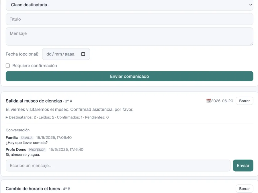 Conversación de un comunicado en AulaLink entre familia y profesorado